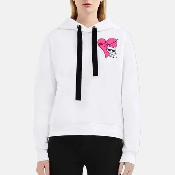 Karl Lagerfeld Tops - Karl Lagerfeld Ikonik Choupette Cat Embroidered Hoodie XS - White
